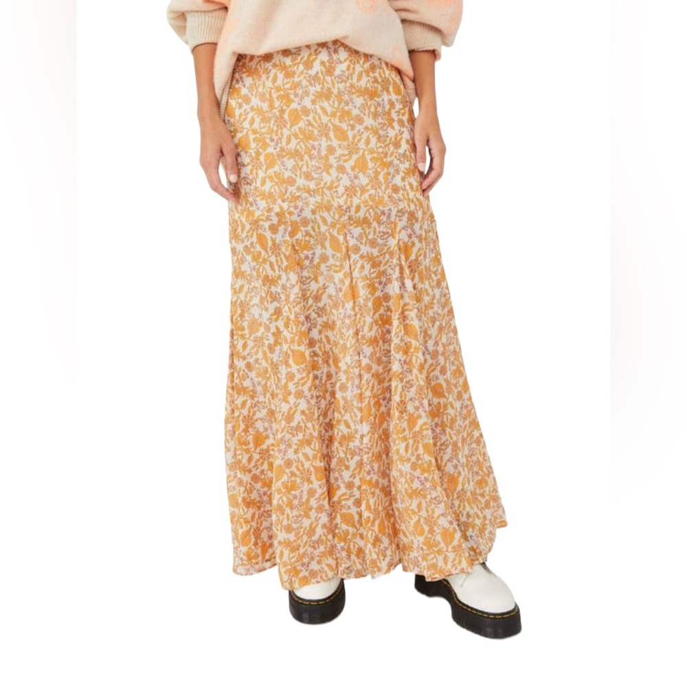 Free People Floral Maxi Skirt in Orange and Cream